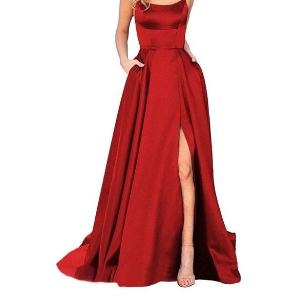 Long Slit Prom Dress Red Bridesmaid Formal Dance Spaghetti - Picture 1 of 6